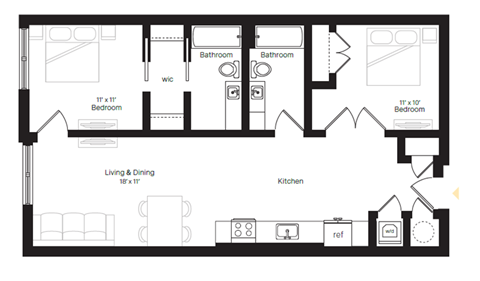 Floor plan for 2 beds, 2 baths, 933 sqft